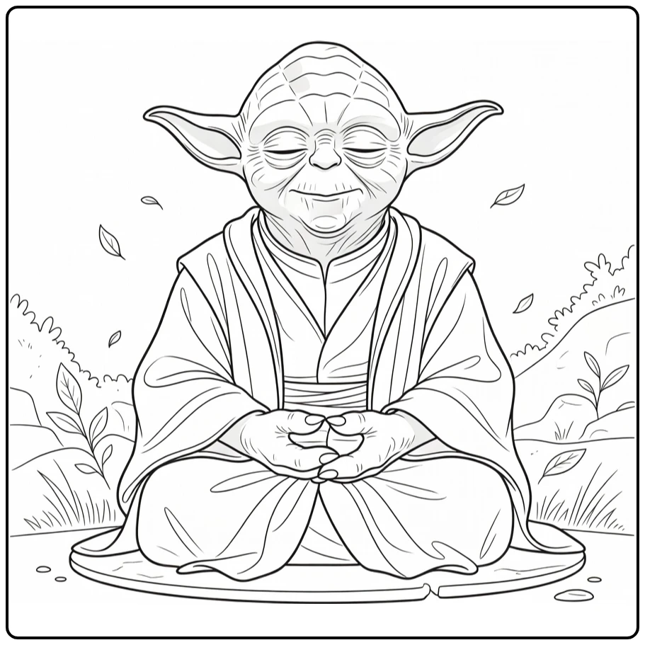 Yoda in Deep Meditation Floating Leaves coloring page