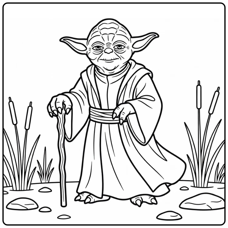 Yoda coloring page standing in the Dagobah swamp with a walking stick
