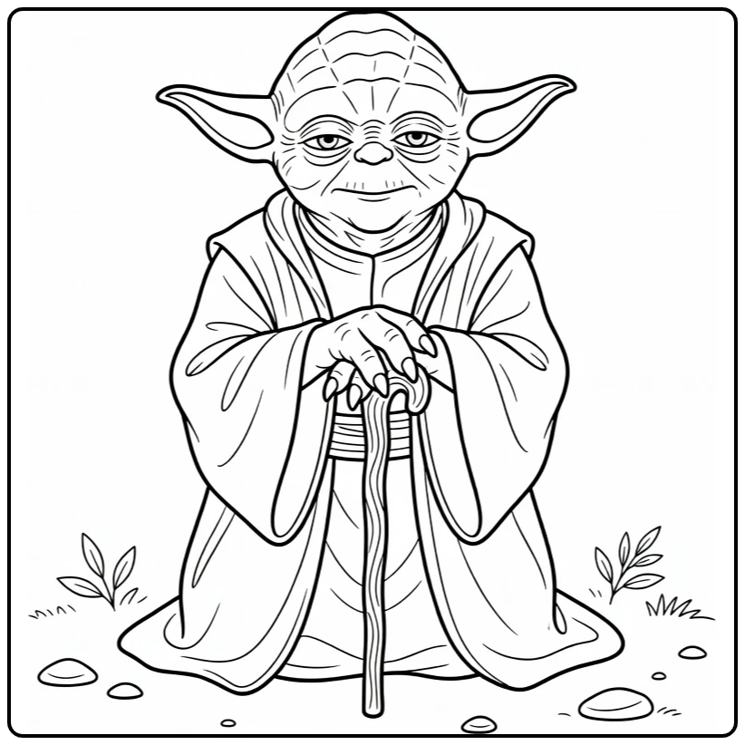 Yoda Kneeling with Hands on Walking Stick and Leaves coloring page