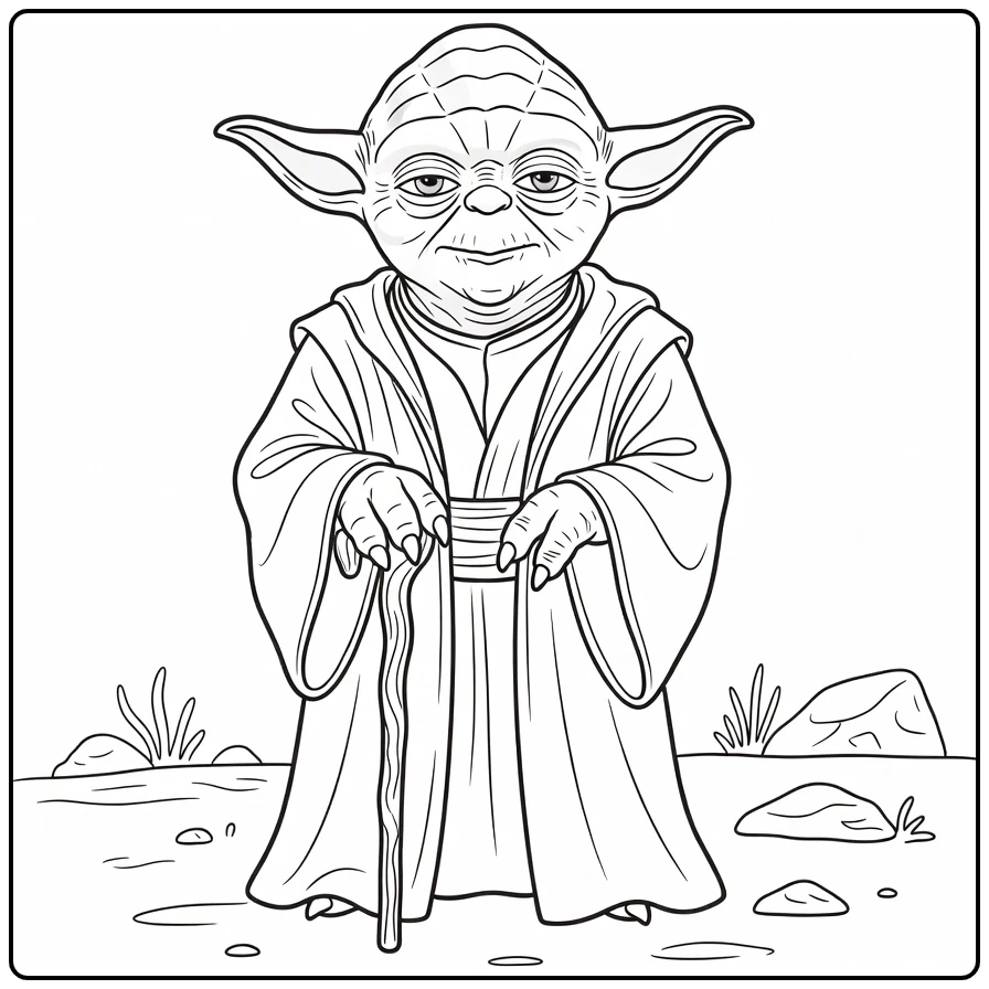 Yoda with Walking Stick and Jedi Robe coloring page