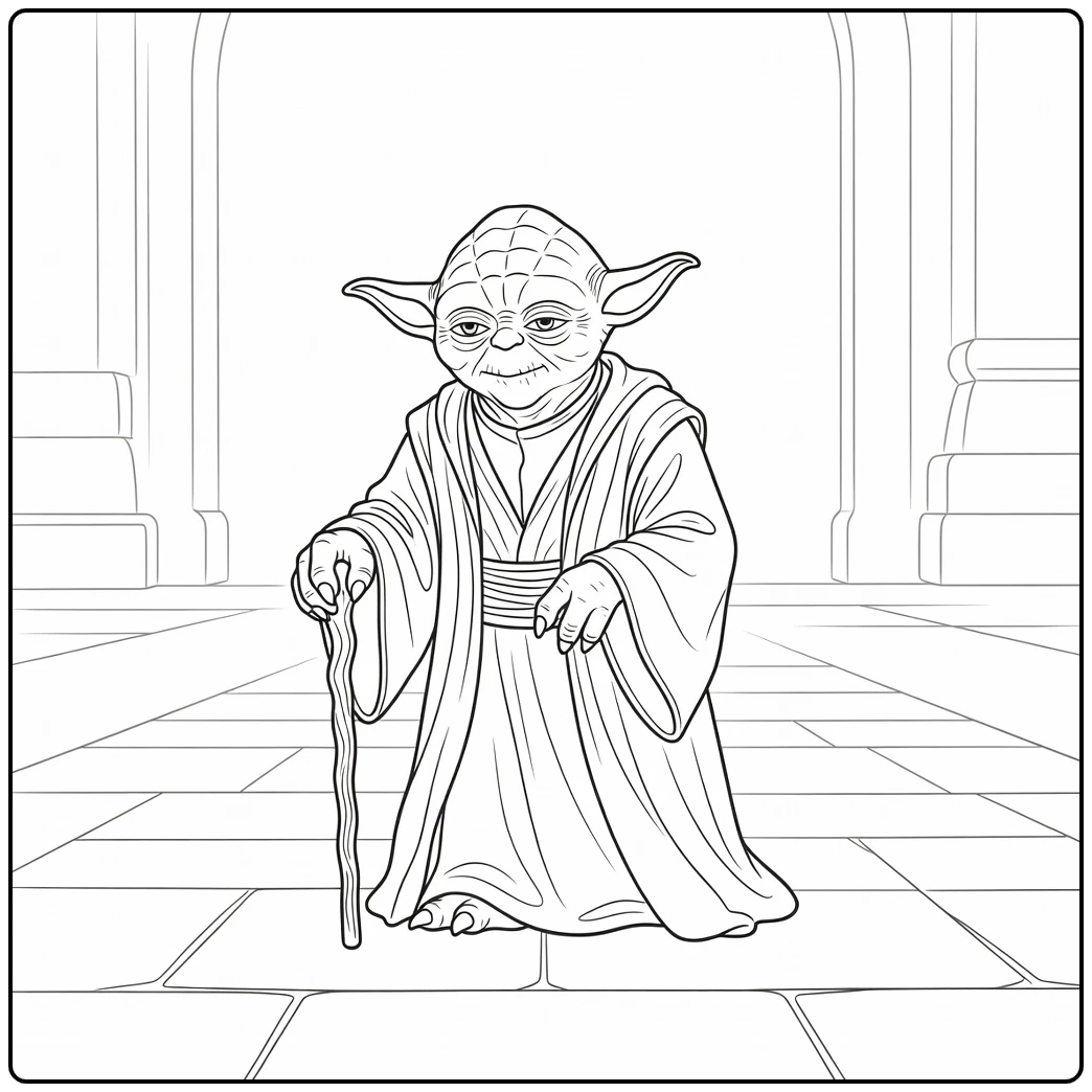 Yoda with Wooden Walking Stick coloring page