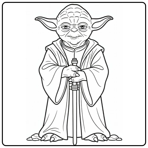 Wise Jedi Yoda in Balanced Pose with Lightsaber coloring page