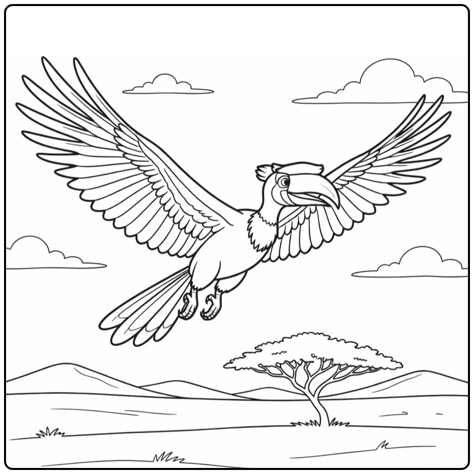 Zazu Flying Above Pride Lands with Hills and Tree coloring page