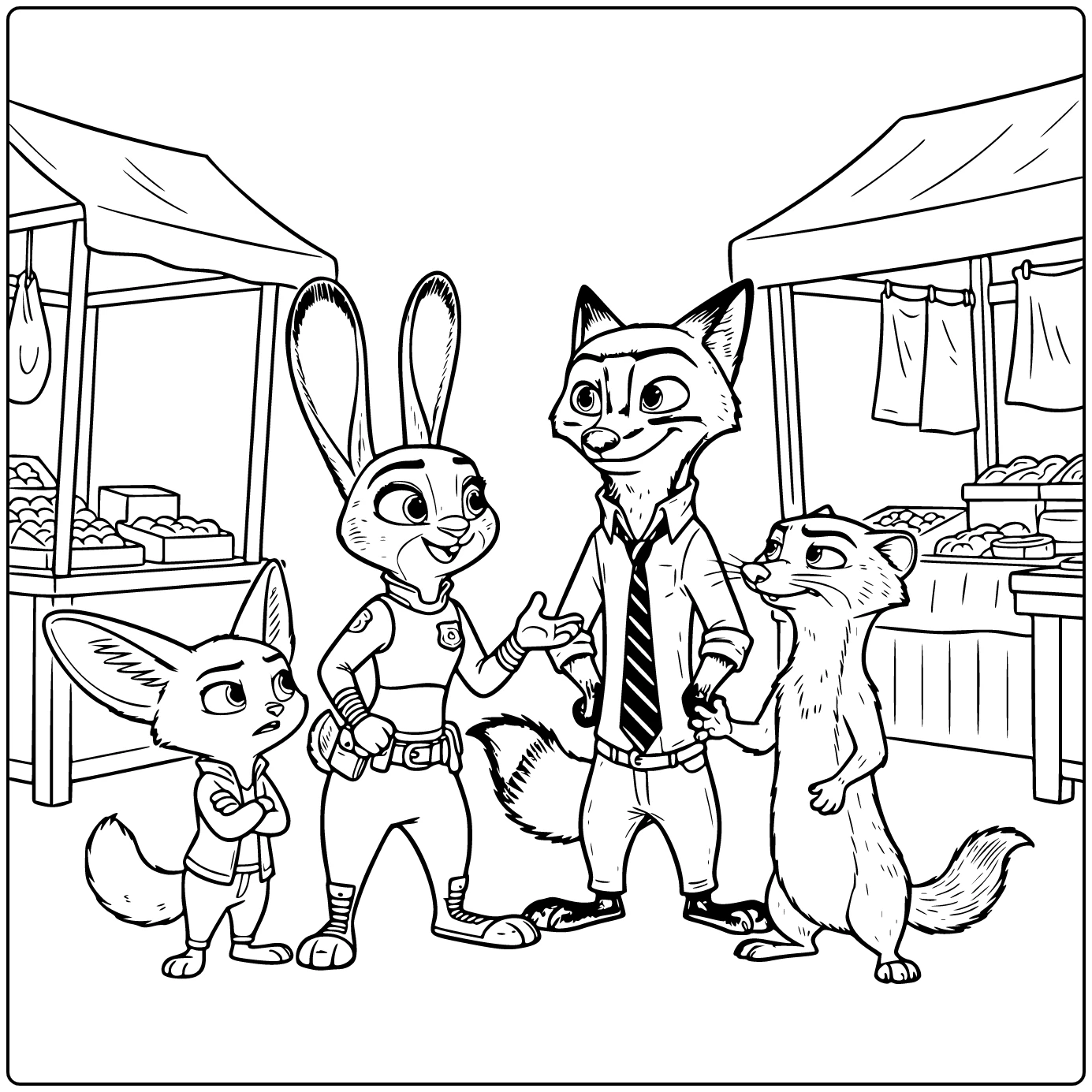 Zootopia Judy Hopps Nick Wilde Finnick Duke coloring page