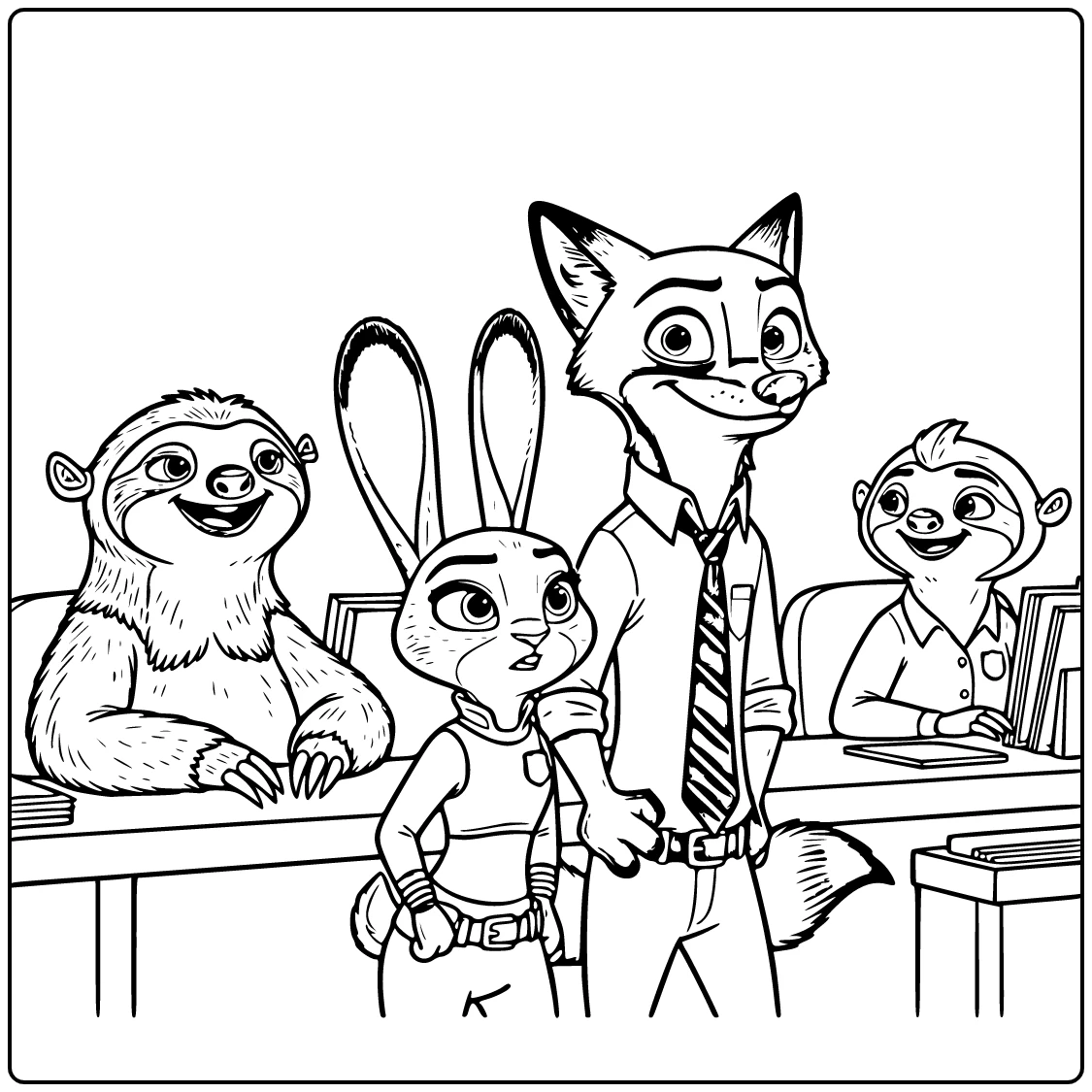 Zootopia Judy Nick Flash Priscilla in Dmv Scene coloring page