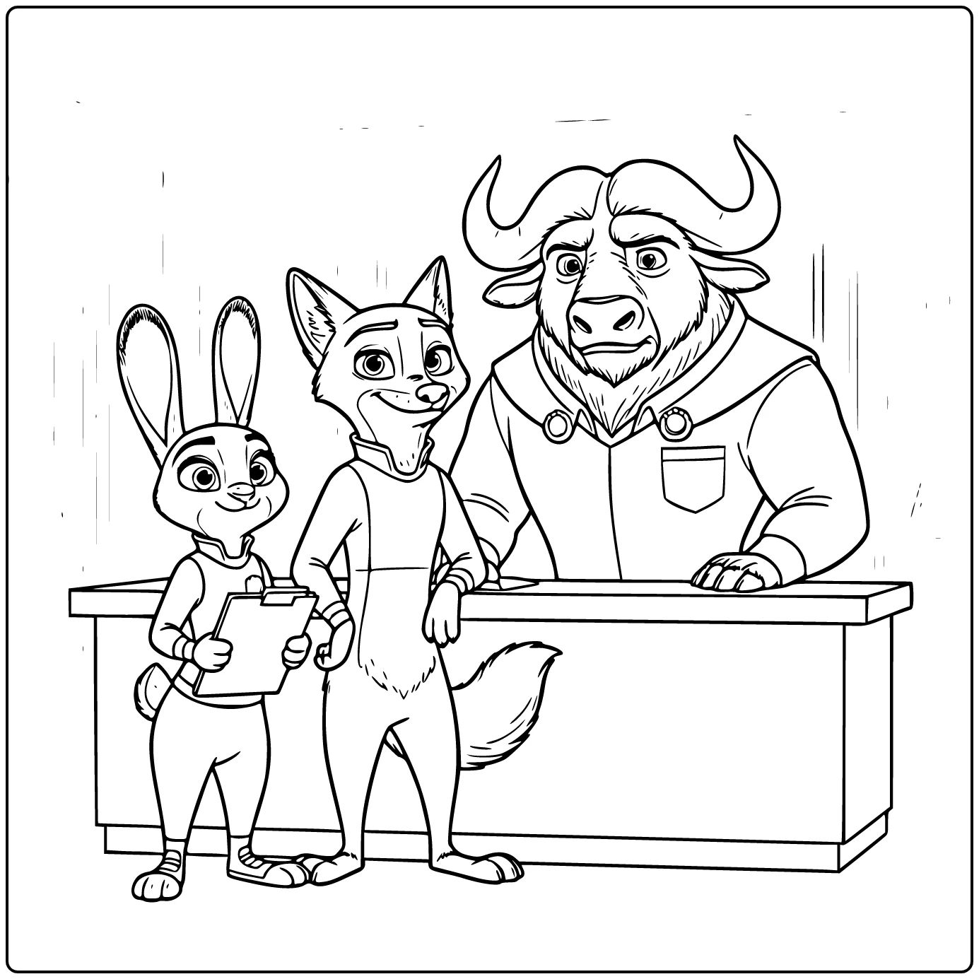 Zootopia coloring page with Judy Hopps, Nick Wilde, Bogo, and Clawhauser