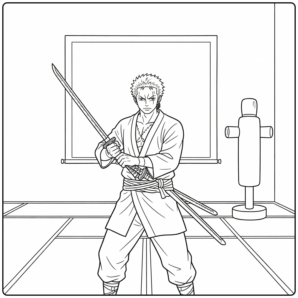 Zoro Dojo with Bokken and Dummy coloring page