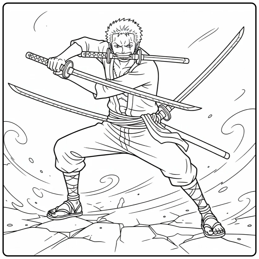 Zoro in Battle Pose with All Swords Drawn coloring page
