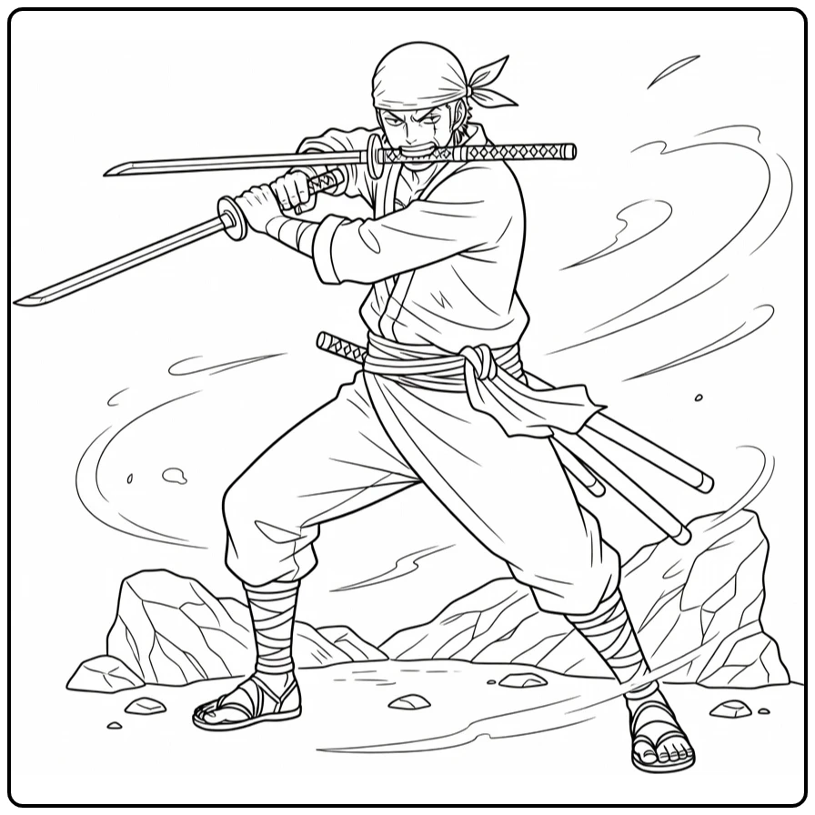 Zoro Tough Battle Pose Three Swords and Rocks coloring page