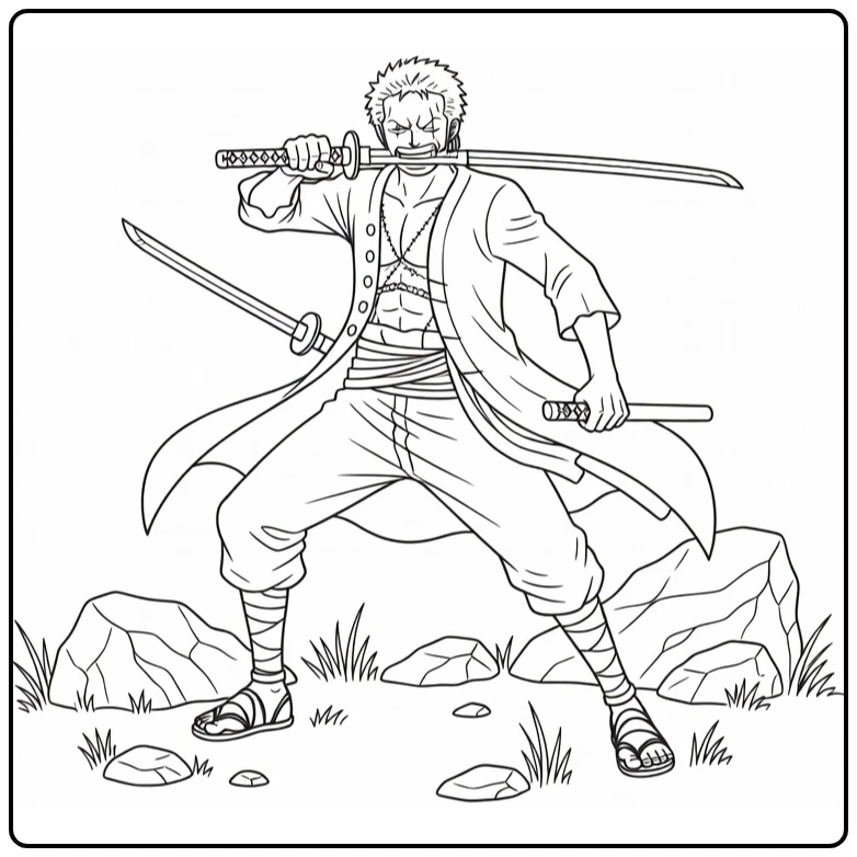 Zoro Flowing Jacket and Rocks coloring page