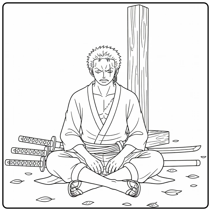 Zoro Sitting by a Training Post coloring page