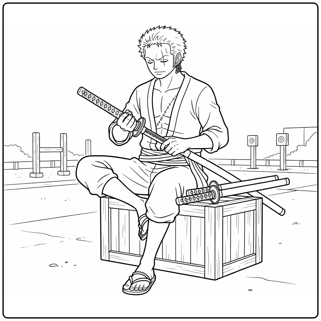 Zoro Calmly Sitting on a Crate and Cleaning a Sword coloring page