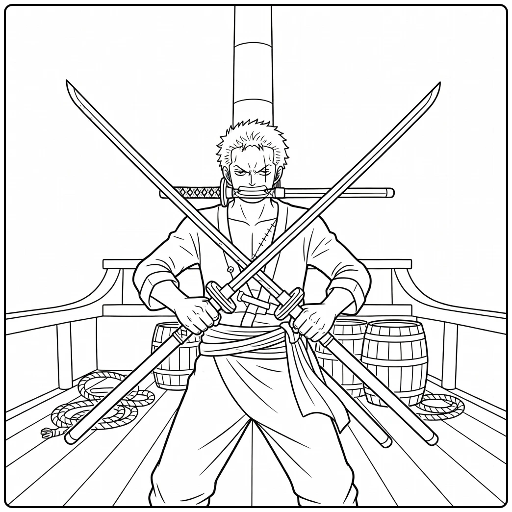 Zoro on Pirate Ship with Ropes and Barrels coloring page