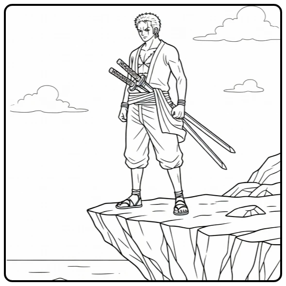 Zoro coloring page with an action-ready swordsman pose