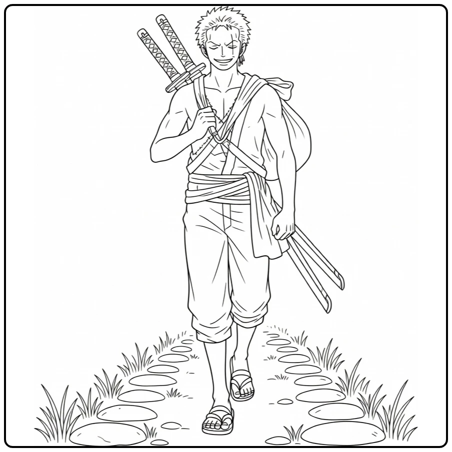 Zoro Walking Relaxing with Swords and Bag coloring page