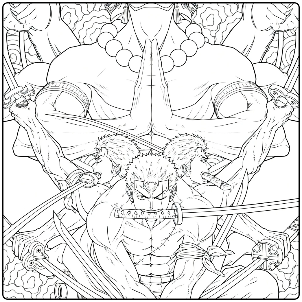 Zoro Kyutoryu One Piece in Asura Form coloring page