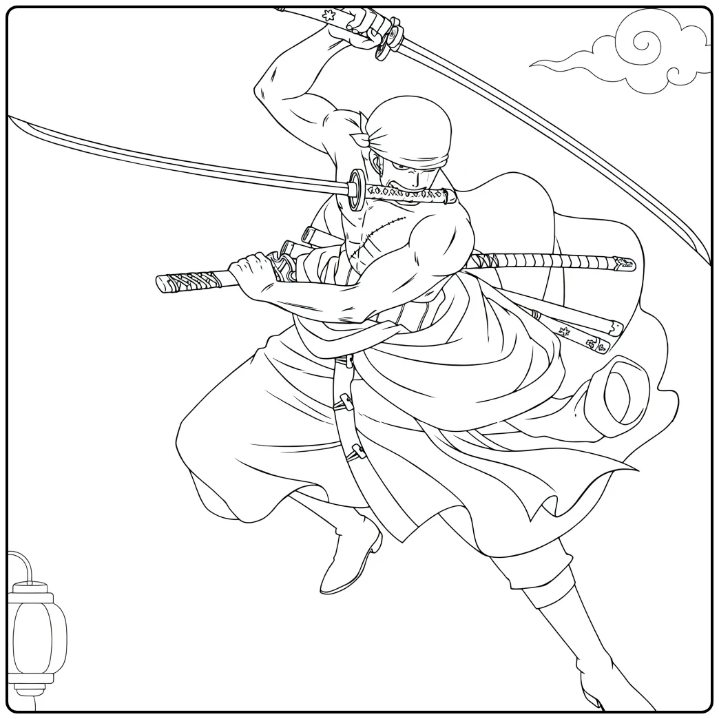 Zoro One Piece Santoryu in Action Pose 1 coloring page