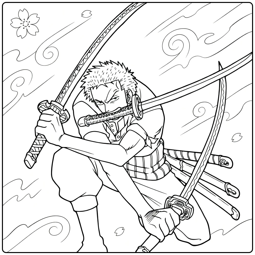 Zoro One Piece Santoryu in Action Pose coloring page