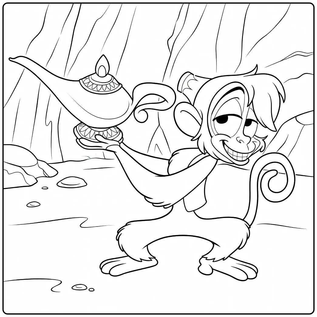 Abu Monkey Grinning with Lamp Raised coloring page