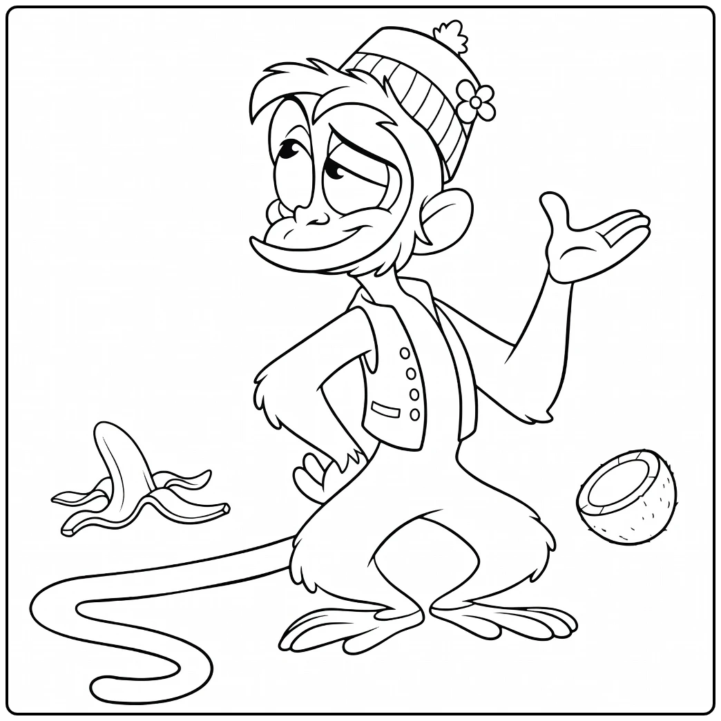 Abu Mischievous Monkey in Pose with Purple Hat coloring page