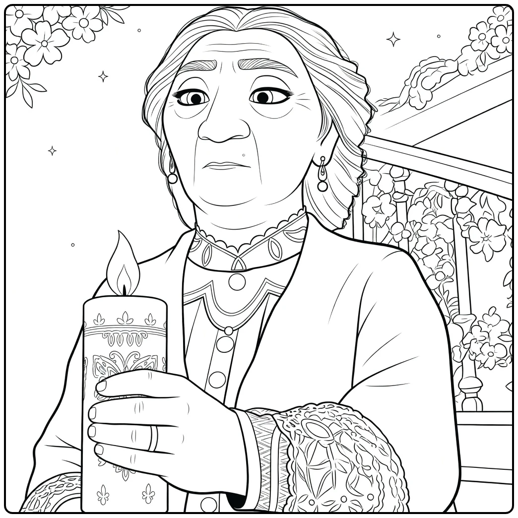 Abuela Alma coloring page with a candle, flowers, and stars
