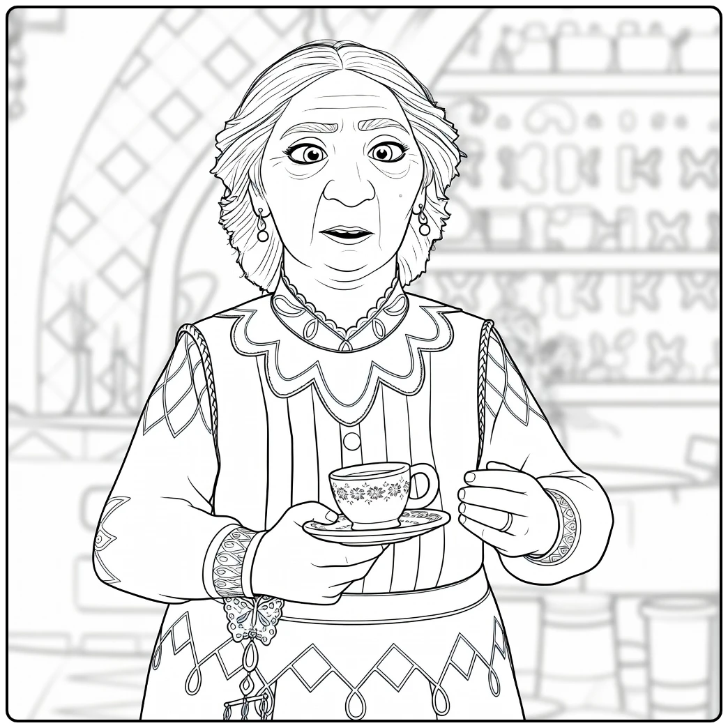Abuela Alma Grandmother Serving Tea coloring page
