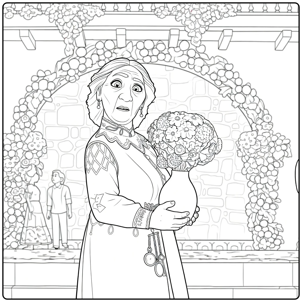 Abuela Alma from Encanto with Flowers and Children coloring page