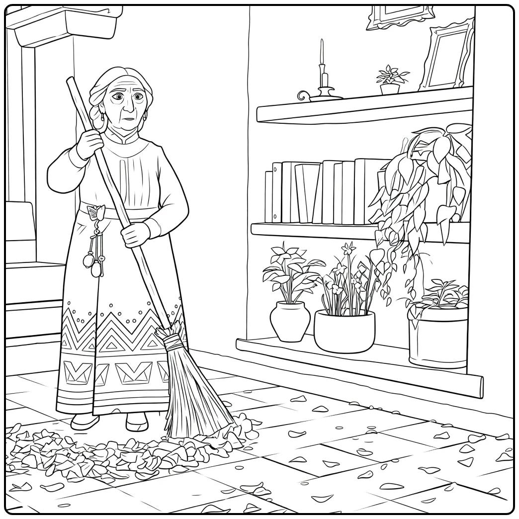 Abuela Alma Sweeping Leaves in House coloring page