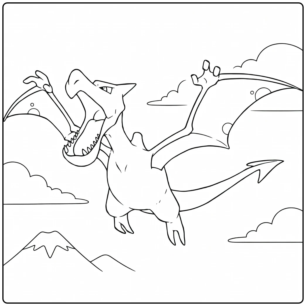 Aerodactyl Above Clouds and Mountains coloring page