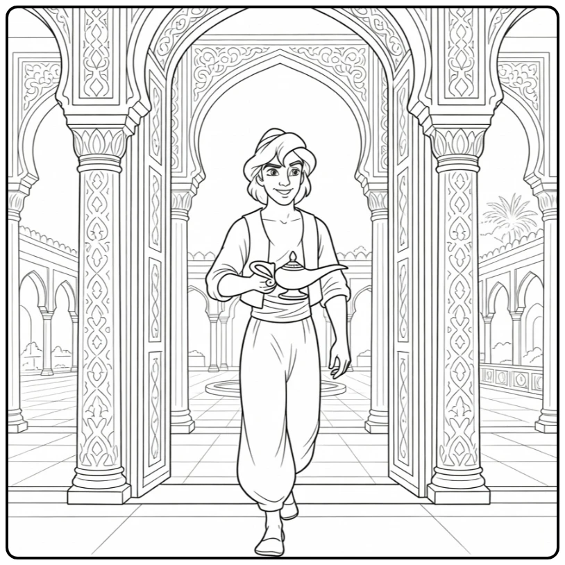 Aladdin Entering Grand Palace with Lamp coloring page
