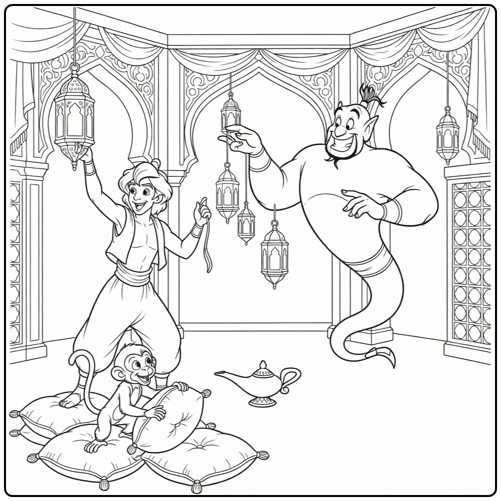 Aladdin Genie Monkey Decorating Palace Room Lamp coloring page