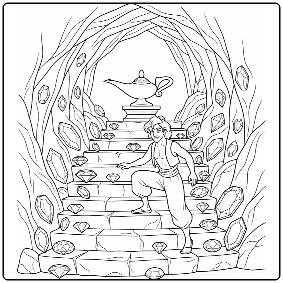 Aladdin Cave of Wonders with Gems coloring page
