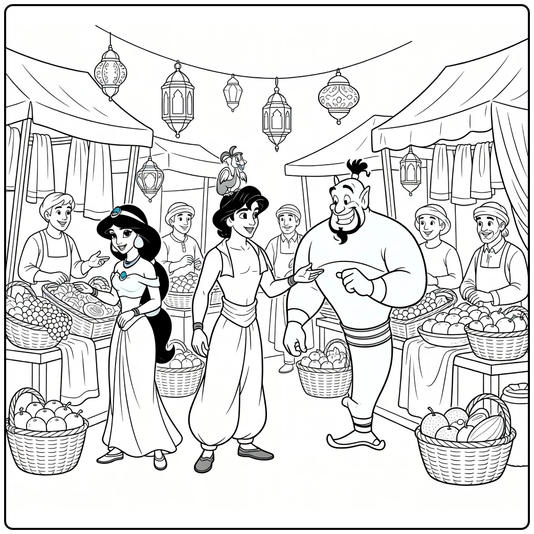 Market with Aladdin and Friends Shopping coloring page