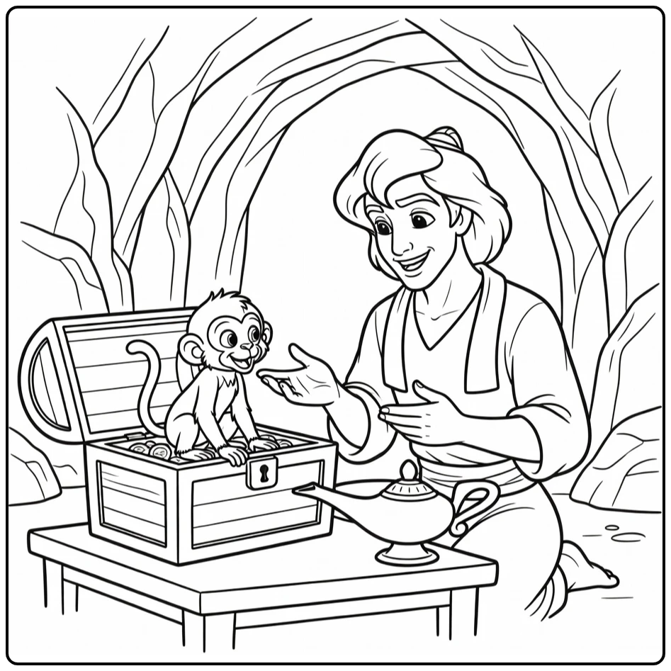 Aladdin Monkey Chest and Magical Lamp coloring page