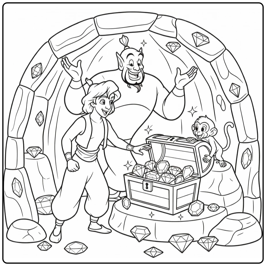 Aladdin Genie and Monkey in Treasure Cave coloring page