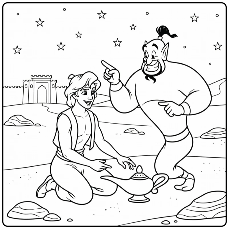 Aladdin Genie Pointing Toward Palace Gate coloring page