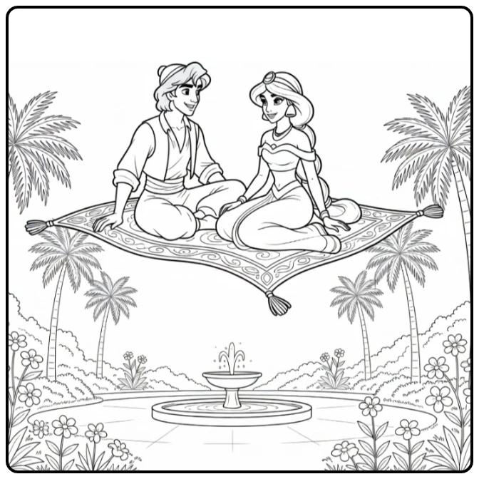 Aladdin Princess on Carpet in Quiet Garden coloring page