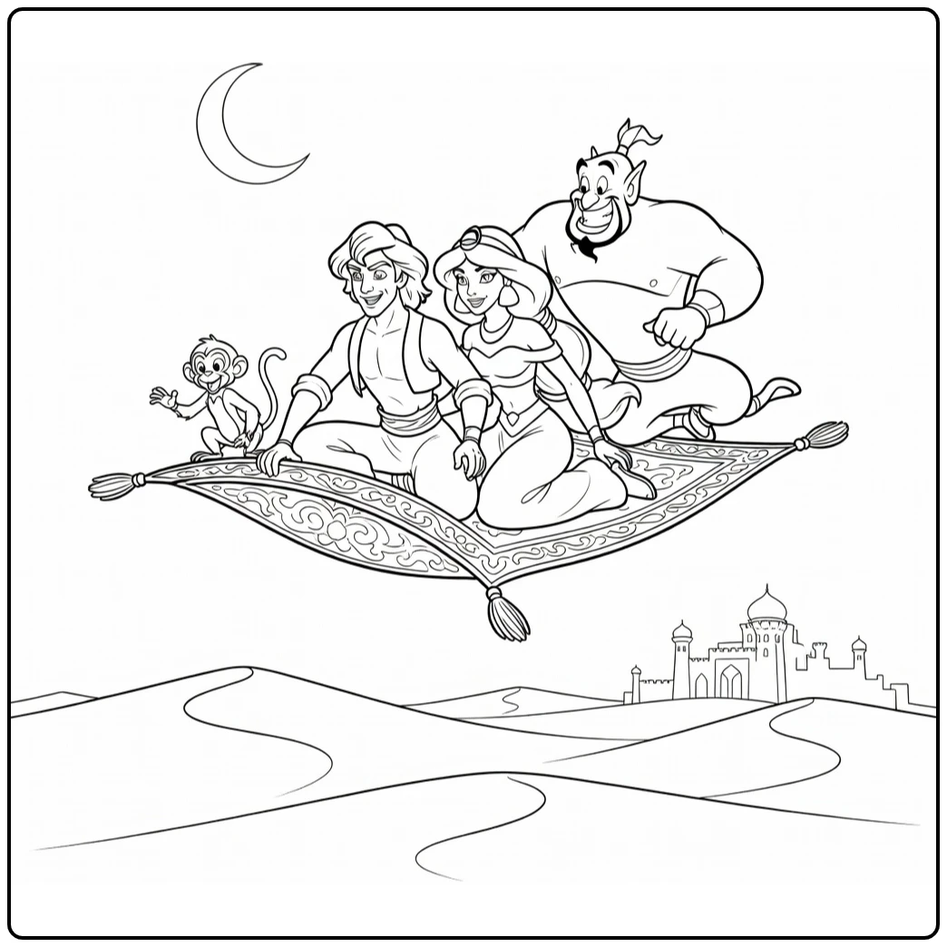 Aladdin Friends on Magical Carpet and Moon coloring page