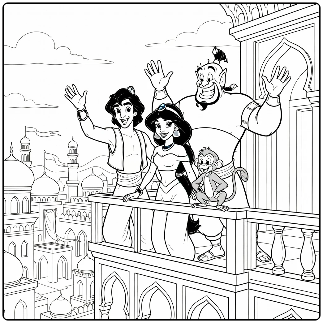 Aladdin coloring page with friends waving from a palace balcony
