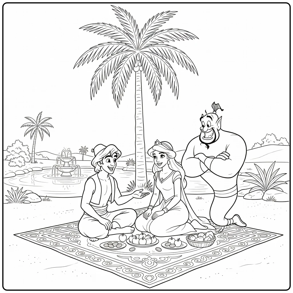 Aladdin Picnic with Oasis Under Palm Tree coloring page
