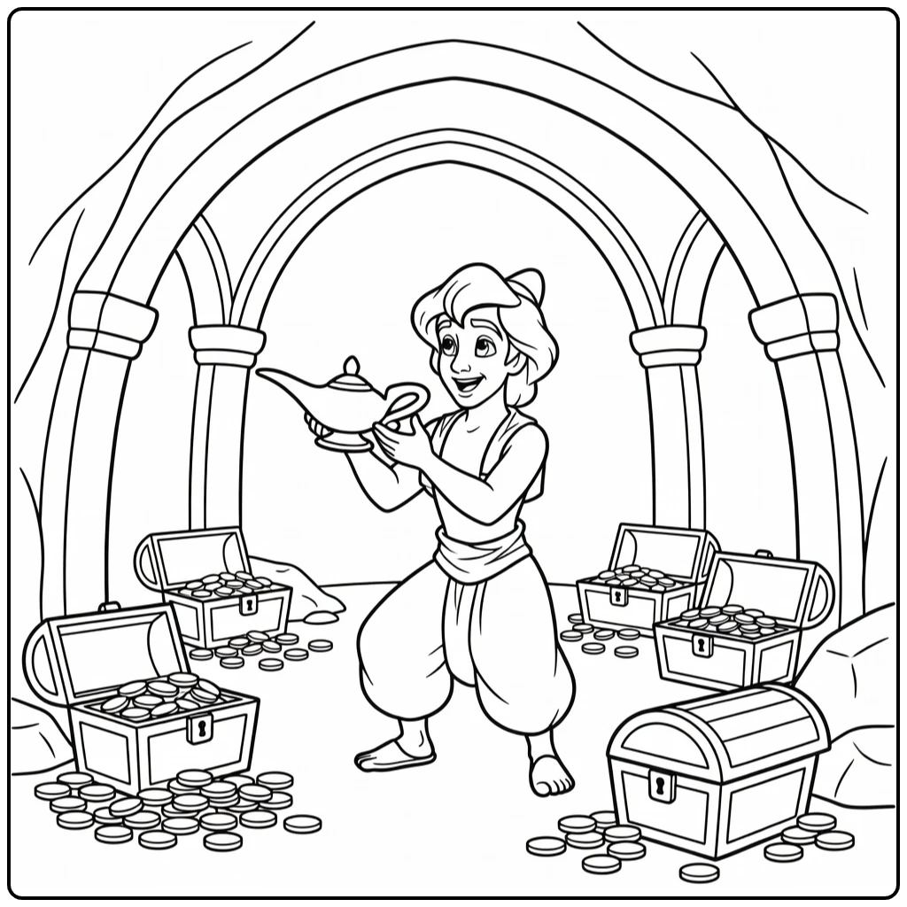 Aladdin Finding Lamp in Cave with Chests Coins coloring page