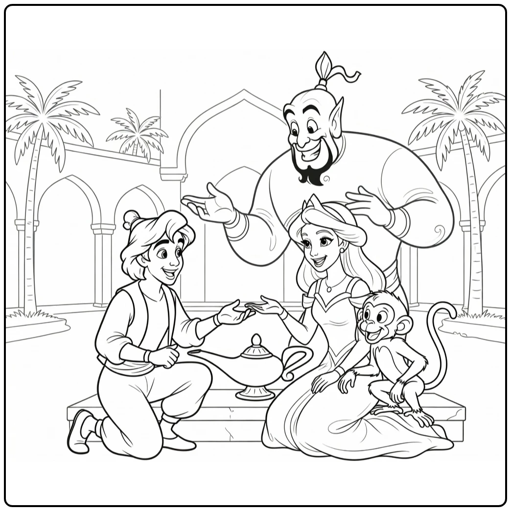 Aladdin Friends Around Magic Lamp in Palace coloring page