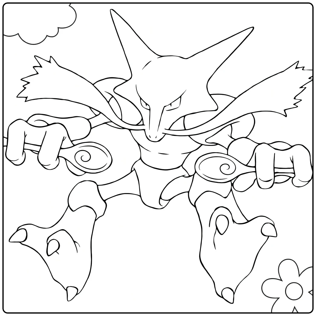 alakazam coloring page in tough pose with spoons