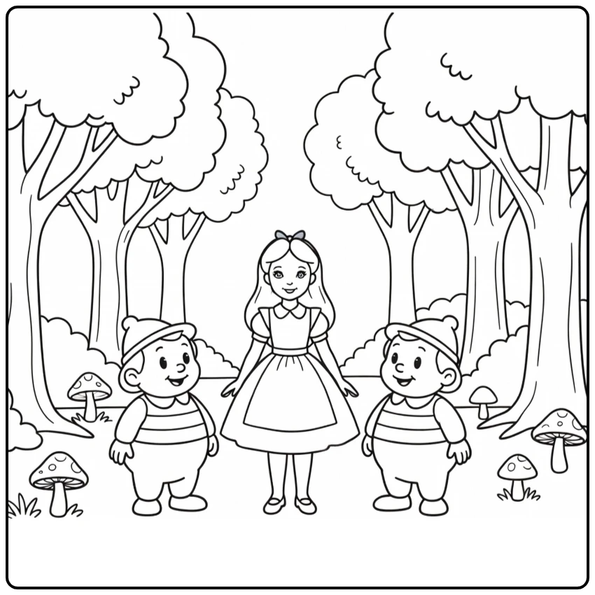 alice in wonderland alice with tweedledee tweedledum coloring page