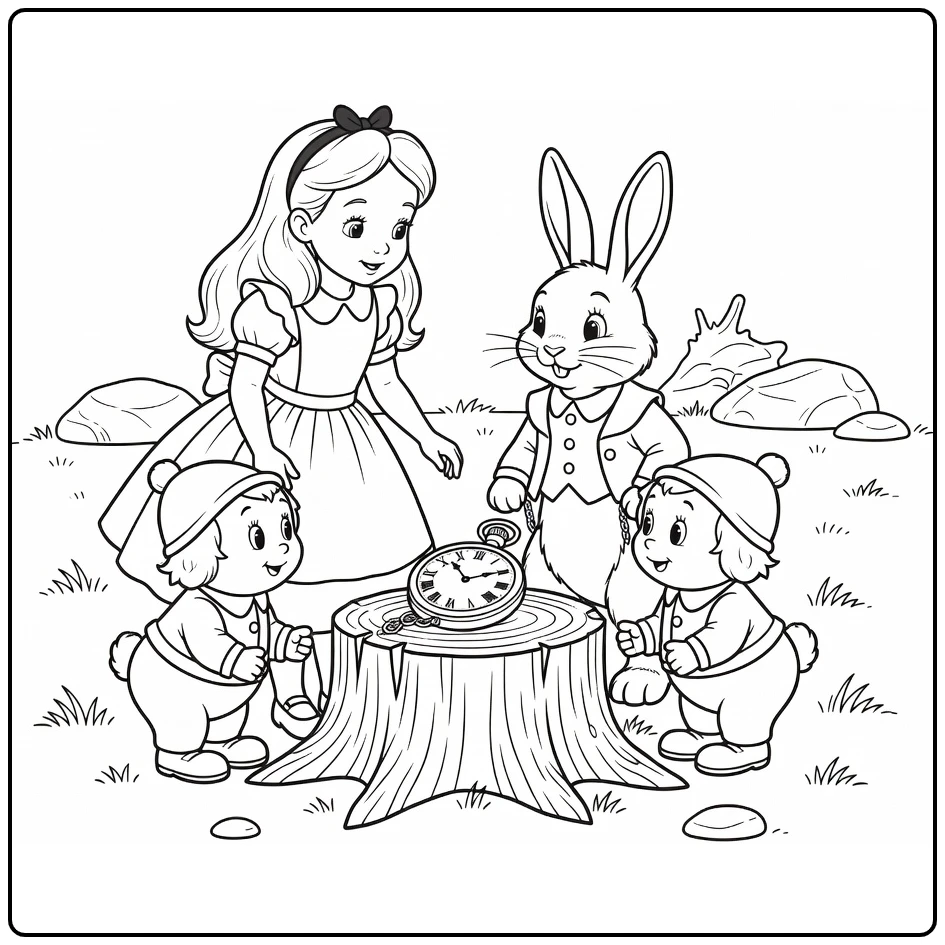 alice in wonderland alice and tweedles with zakhorloge coloring page