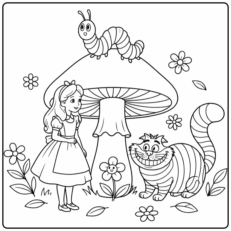 alice in wonderland alice with rups cheshirekat and flower coloring page