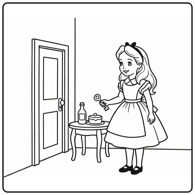 alice in wonderland alice next to deurtje and tafeltje coloring page