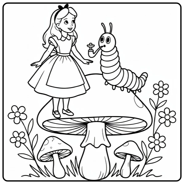 alice in wonderland alice ontmoet rups on big paddenstoel coloring page