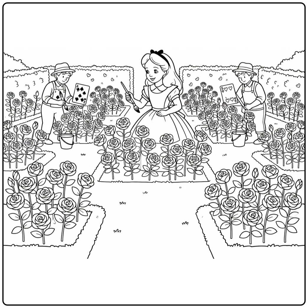 alice in wonderland alice schildert rozen in tuin coloring page