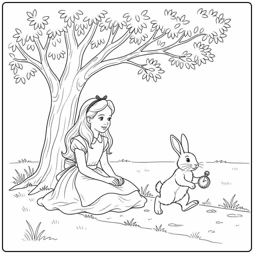 alice in wonderland alice zit under boom with witte konijn coloring page